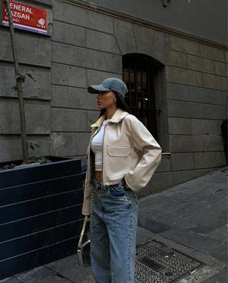 Yaka Peluş Detay Deri Ceket