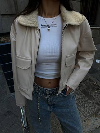 Yaka Peluş Detay Deri Ceket