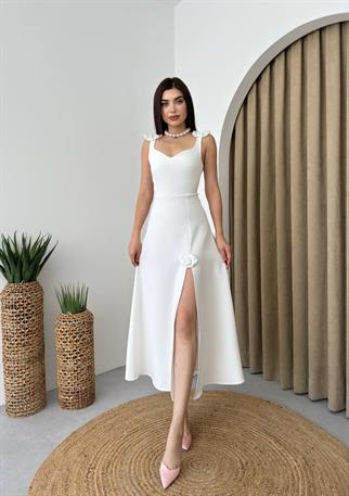 Yırtmaçlı Midi Kurdele Detay Elbise