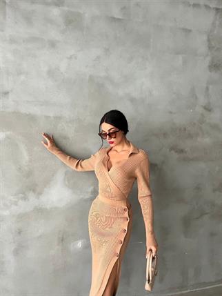 Zora Midi Triko Elbise - Bej