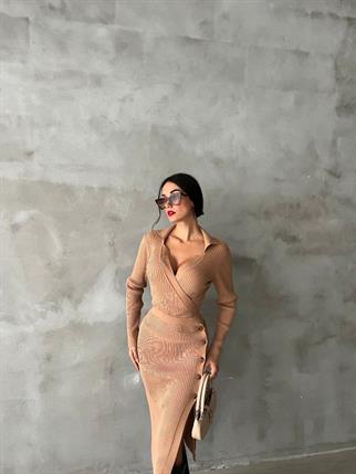 Zora Midi Triko Elbise - Bej