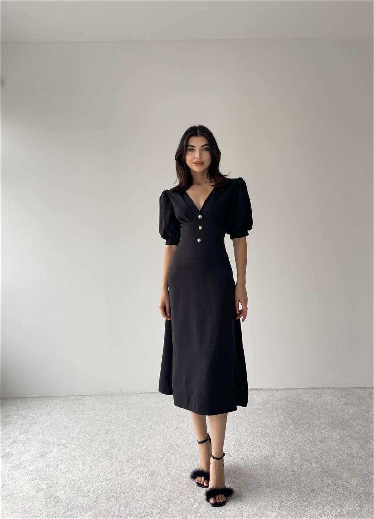 Siyah Linda Önü Düğmeli Midi Elbise