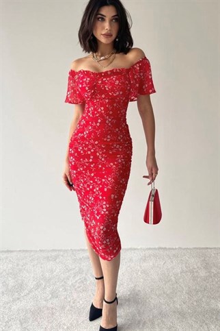 Sifon Çiçekli Drapeli Elbise