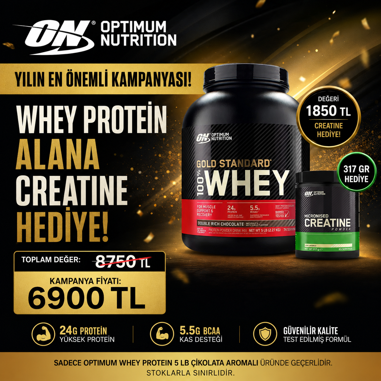 Optimum Nutrition Optimum Gold Standard Whey Protein 2273 gr + Micronized Creatine 317 gr Kombinasyonu