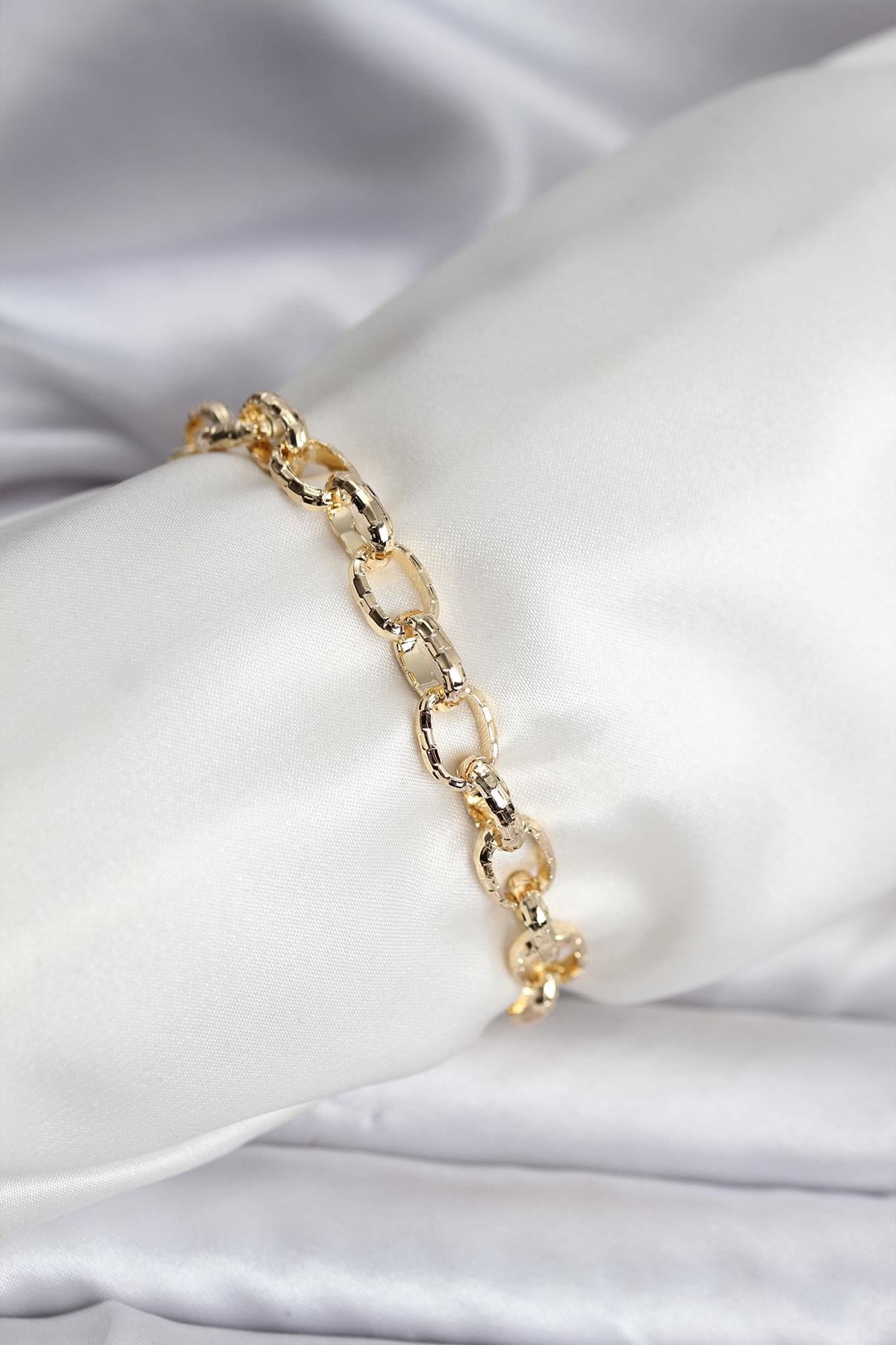 14K Gold Renk Kaplama Lazerli Zincir Model CM Kadın Bileklik