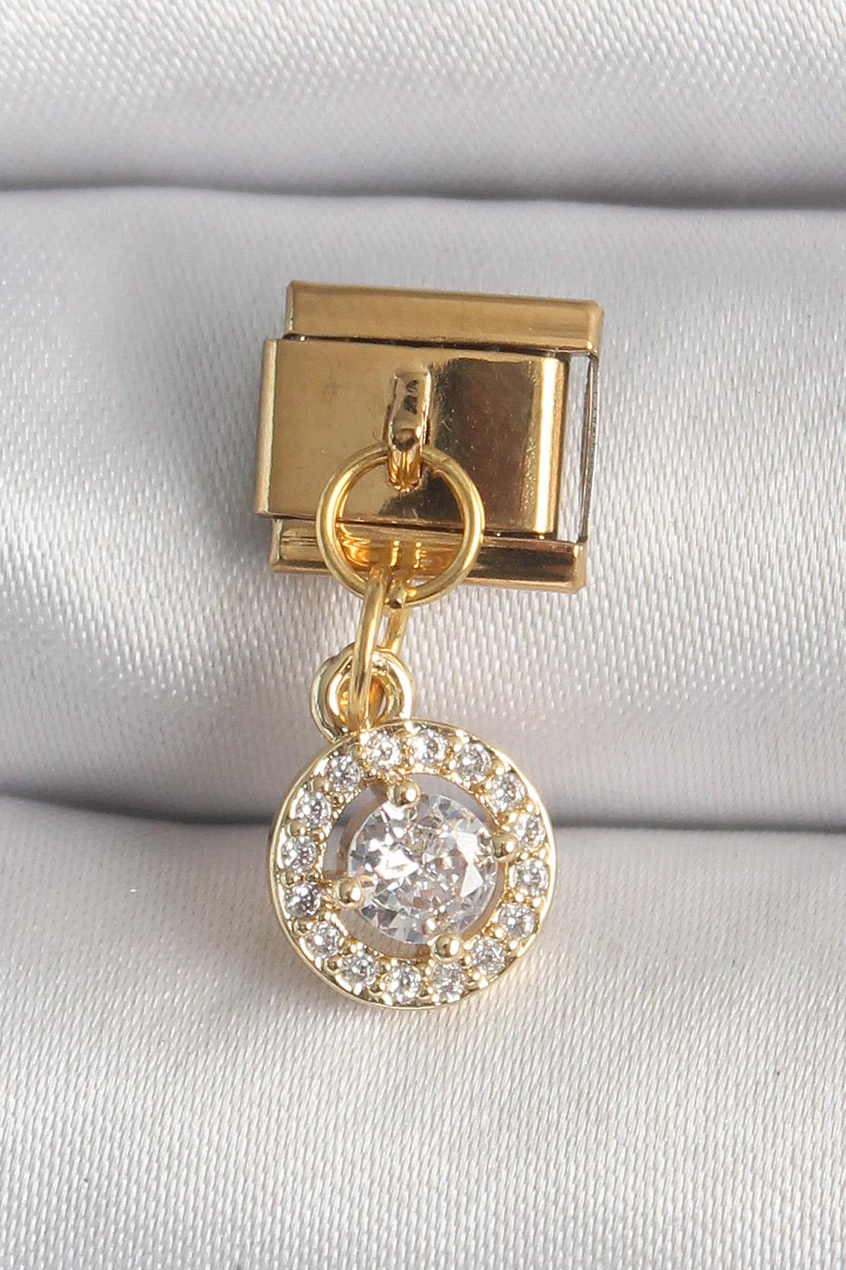 316L Çelik Gold Renk Sallantı Daire Zirkon Taşlı Nomination Charm