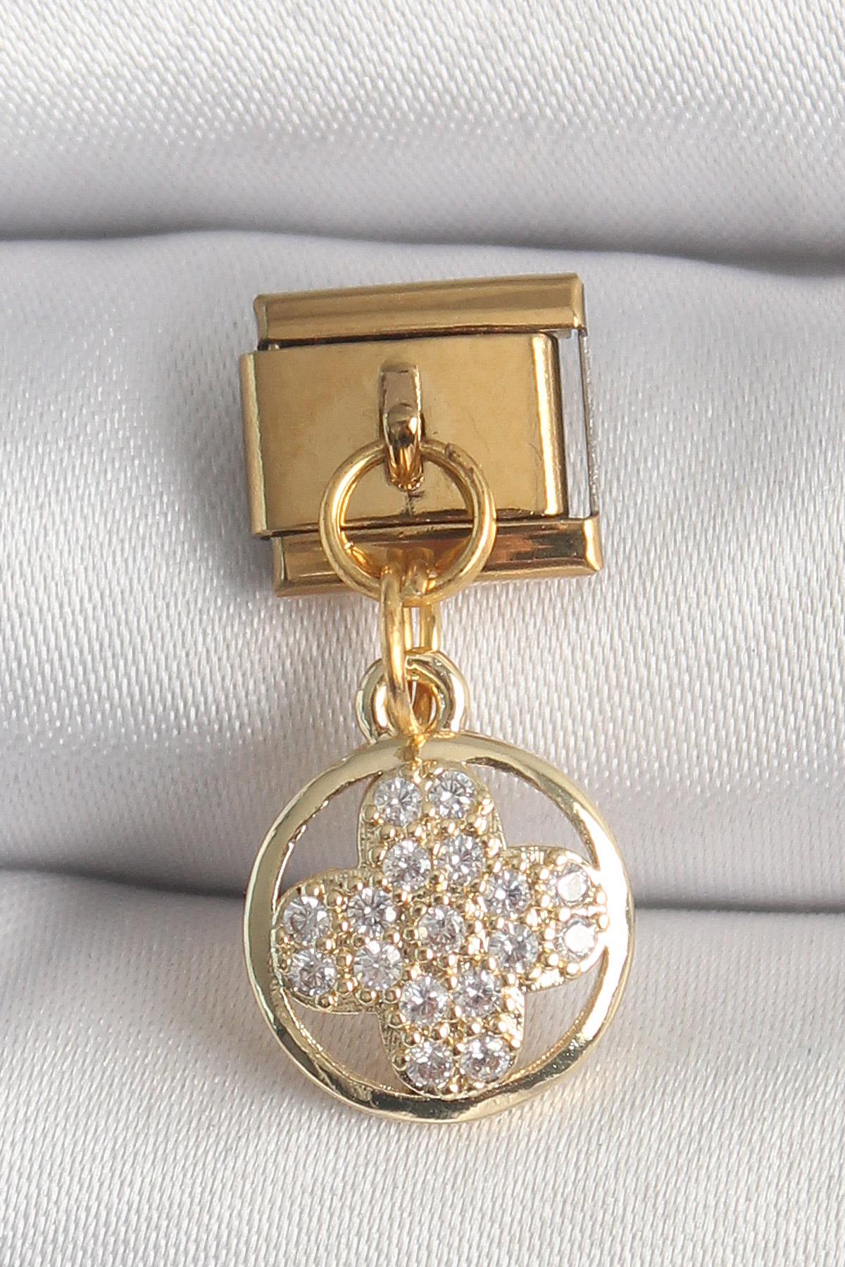 316L Çelik Gold Renk Sallantı Zirkon Taşlı Yonca Model Nomination Charm