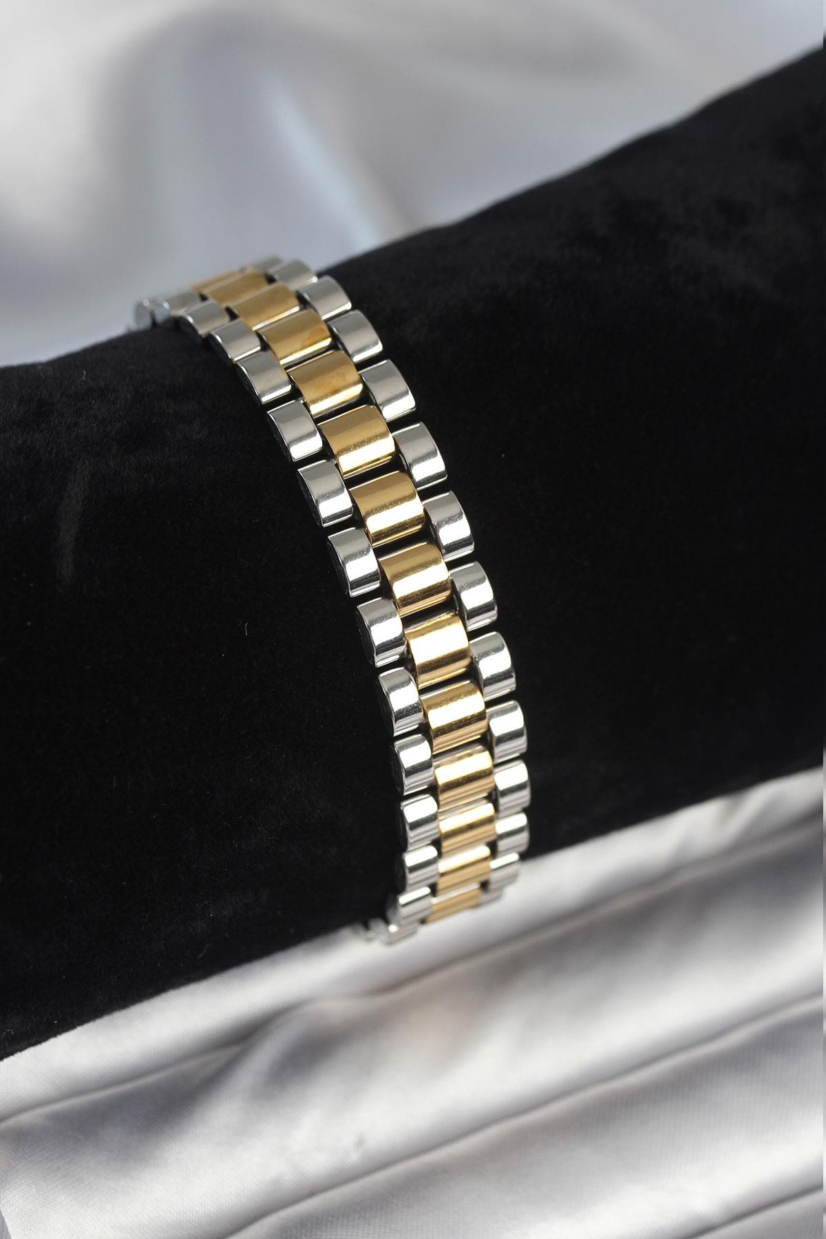 316L Çelik Gold ve Gümüş Renk 12 mm Kalınlık Erkek Bileklik