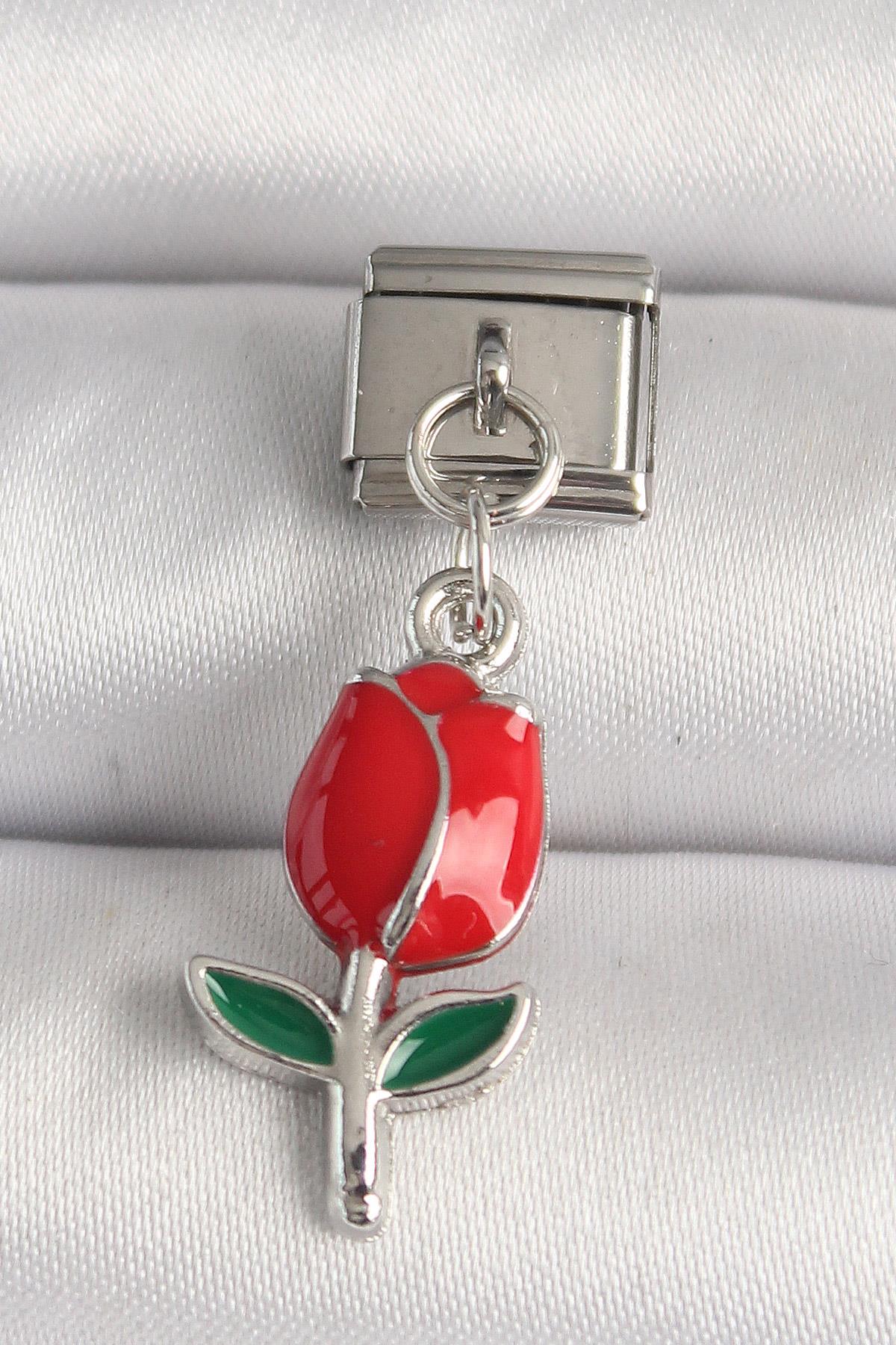 316L Çelik Gümüş Renk Kırmızı Gül Model Nomination Charm