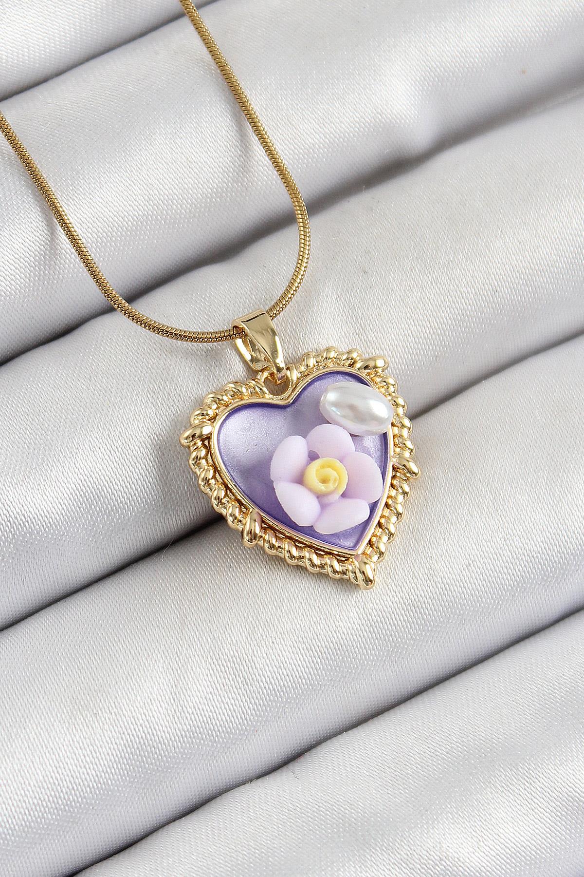 316L Çelik Zincir Mor Sanatsal Portre İnci Detaylı Papatya Figürlü Kalp Model Gold Renk Kadın Kolye