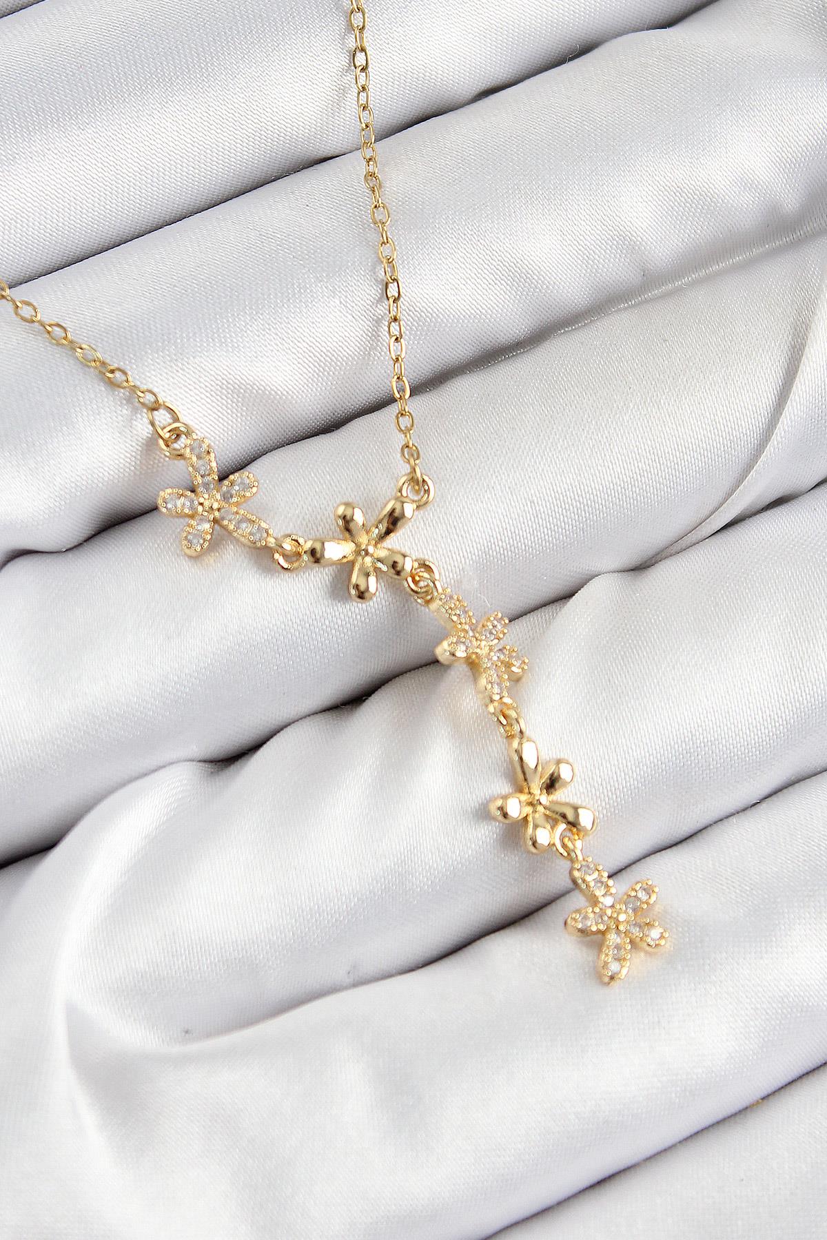 316L Çelik Zirkon Taşlı Çiçek Model Gold Renk Kadın Kolye