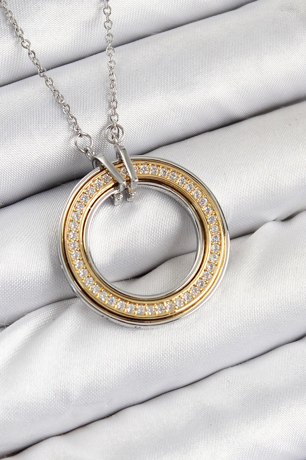 316L Çelik Zirkon Taşlı Dönen Daire Model Gold Ve Gümüş Renk Kadın Kolye