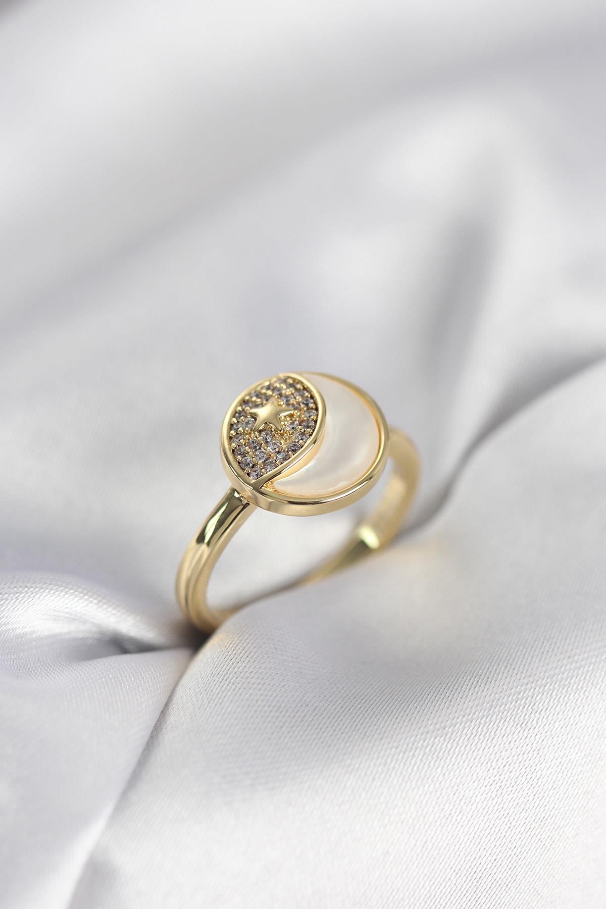 Ay Yıldız Model Gold Renk Zirkon Taşlı Kadın Yüzük