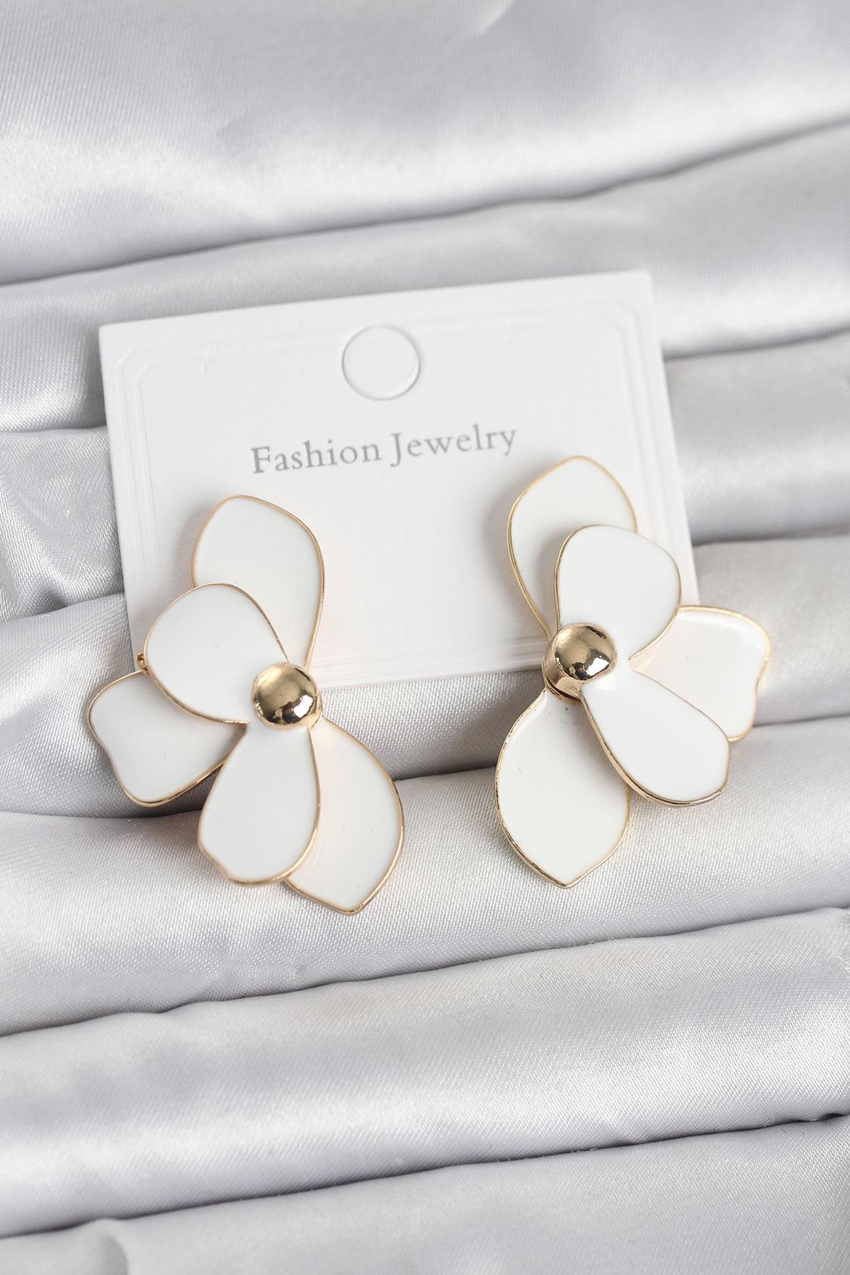 Beyaz Mineli Lotus Model Pirinç Kadın Küpe