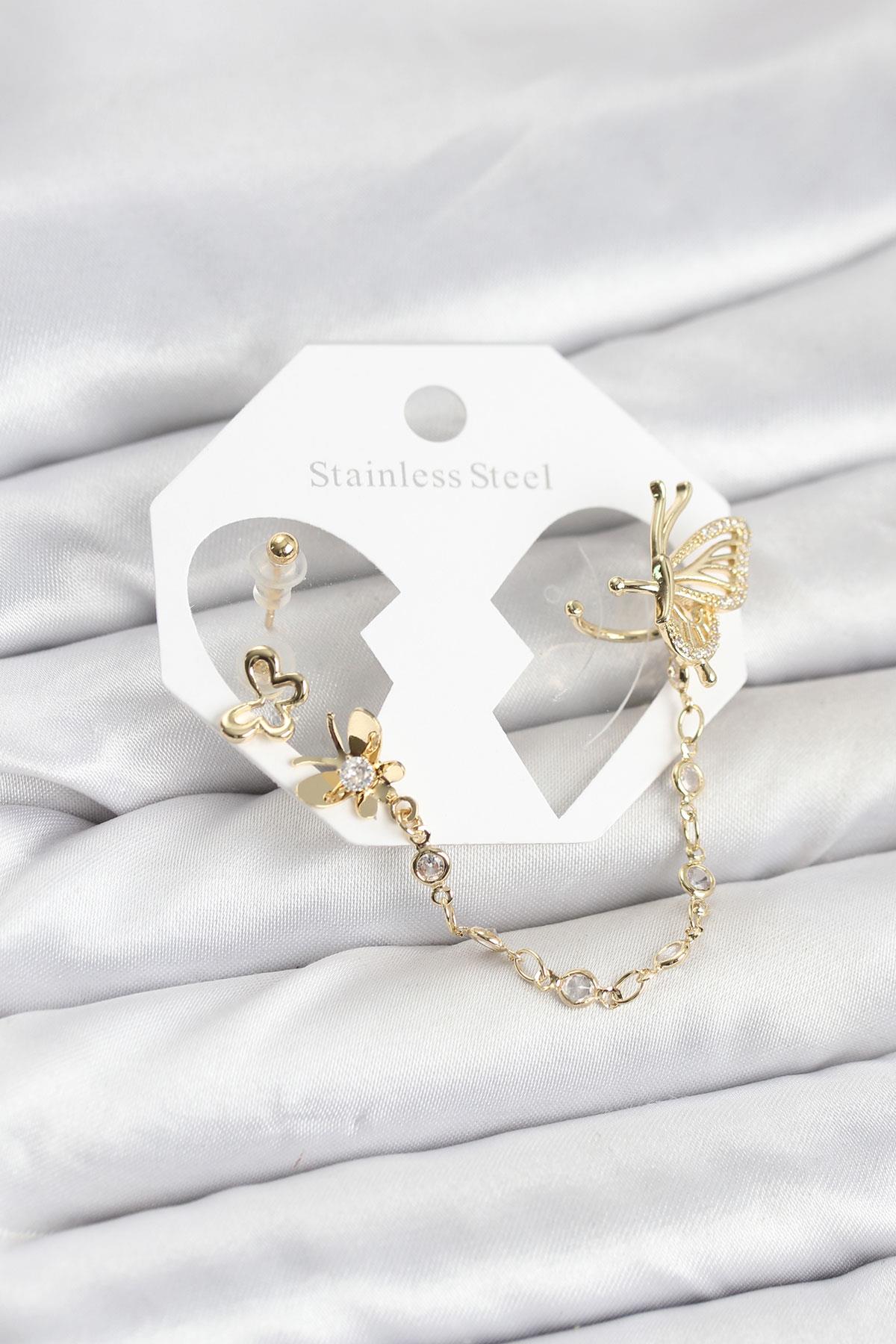 Kelebekli Model Pirinç Gold Renk Zincir Bağlantılı Ear Cuff Küpe Seti