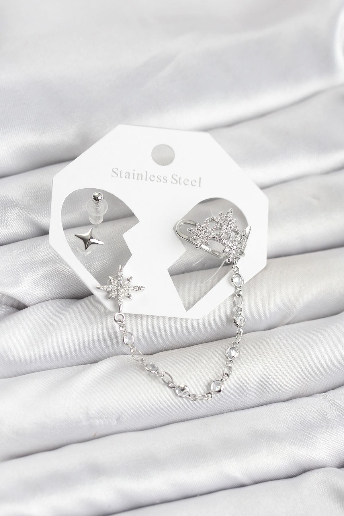 Kutup Yıldızı Model Pirinç Gümüş Renk Zincir Bağlantılı Ear Cuff Küpe Seti