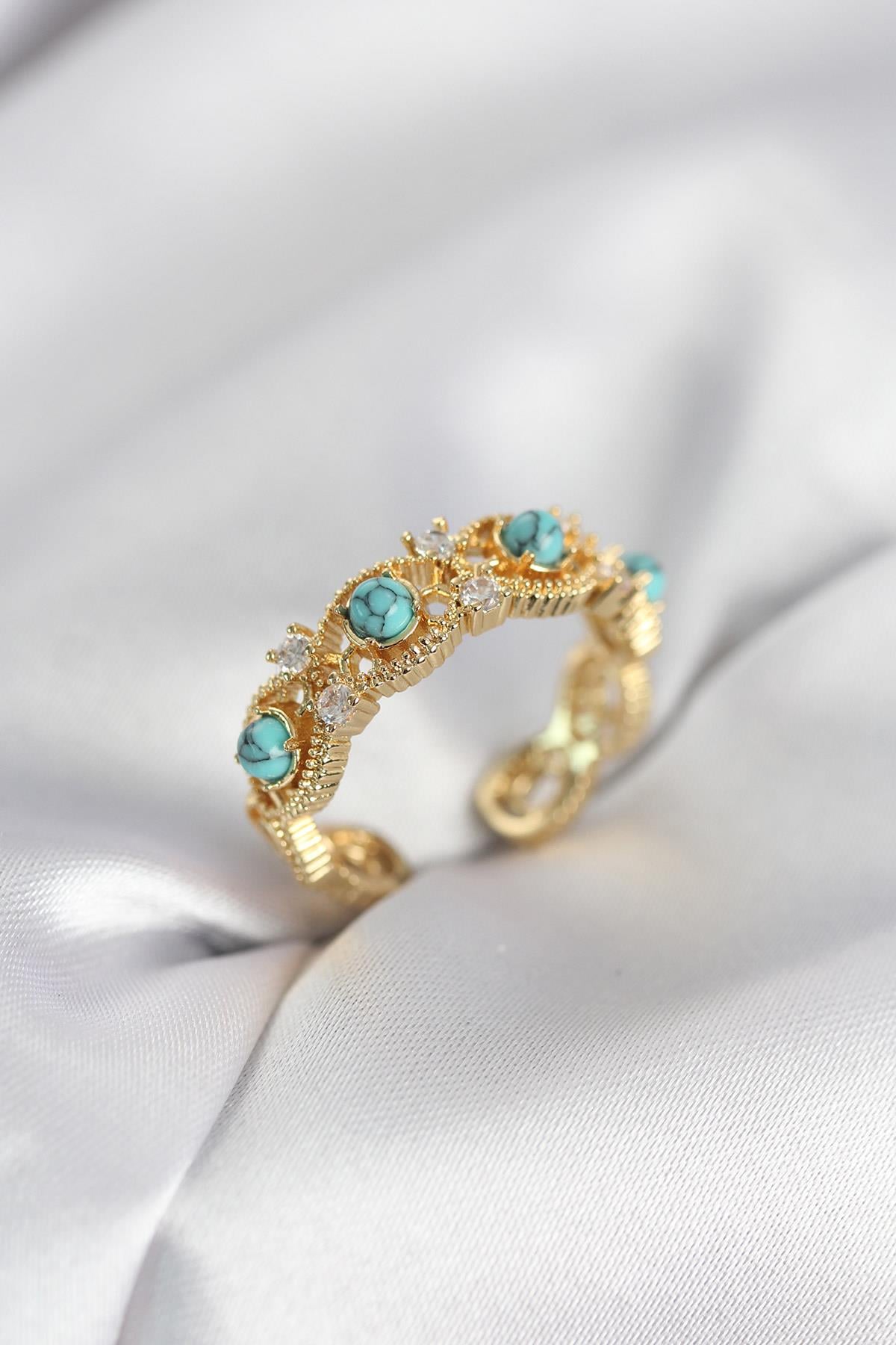 Mavi Taşlı Gold Renk Vintage Kadın Yüzük