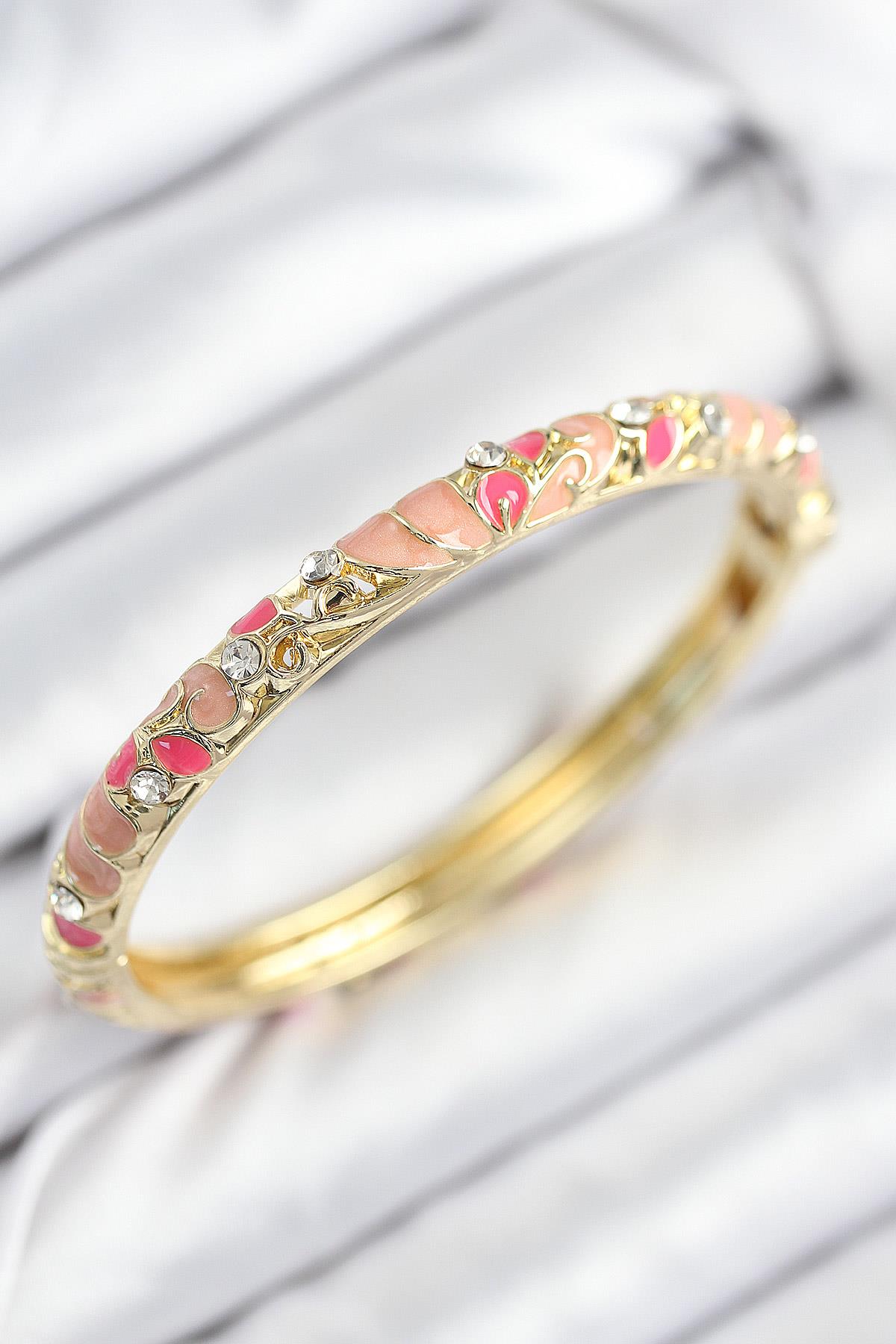 Mineli Pirinç Zirkon Taşlı Pembe Çiçek Motifli Gold Kadın Kelepçe