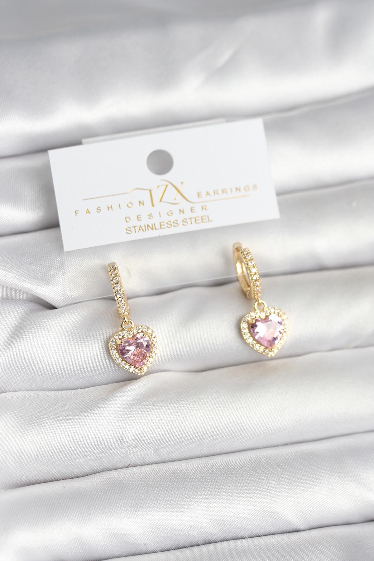 Pirinç Gold Pembe Renk Zirkon Taşlı Kalp Model Kadın Küpe