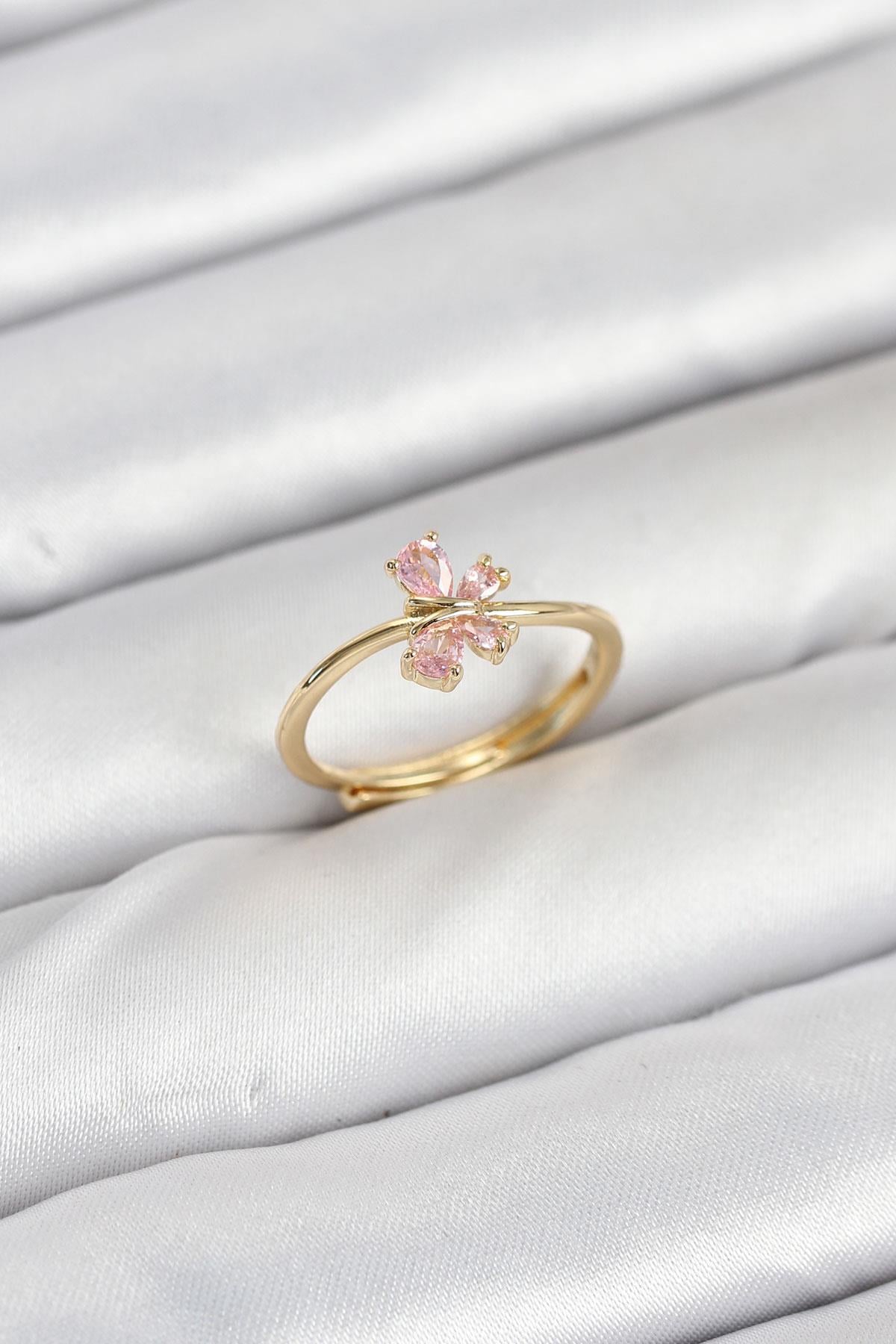 Pirinç Gold Renk Pembe Kelebek Kadın Yüzük