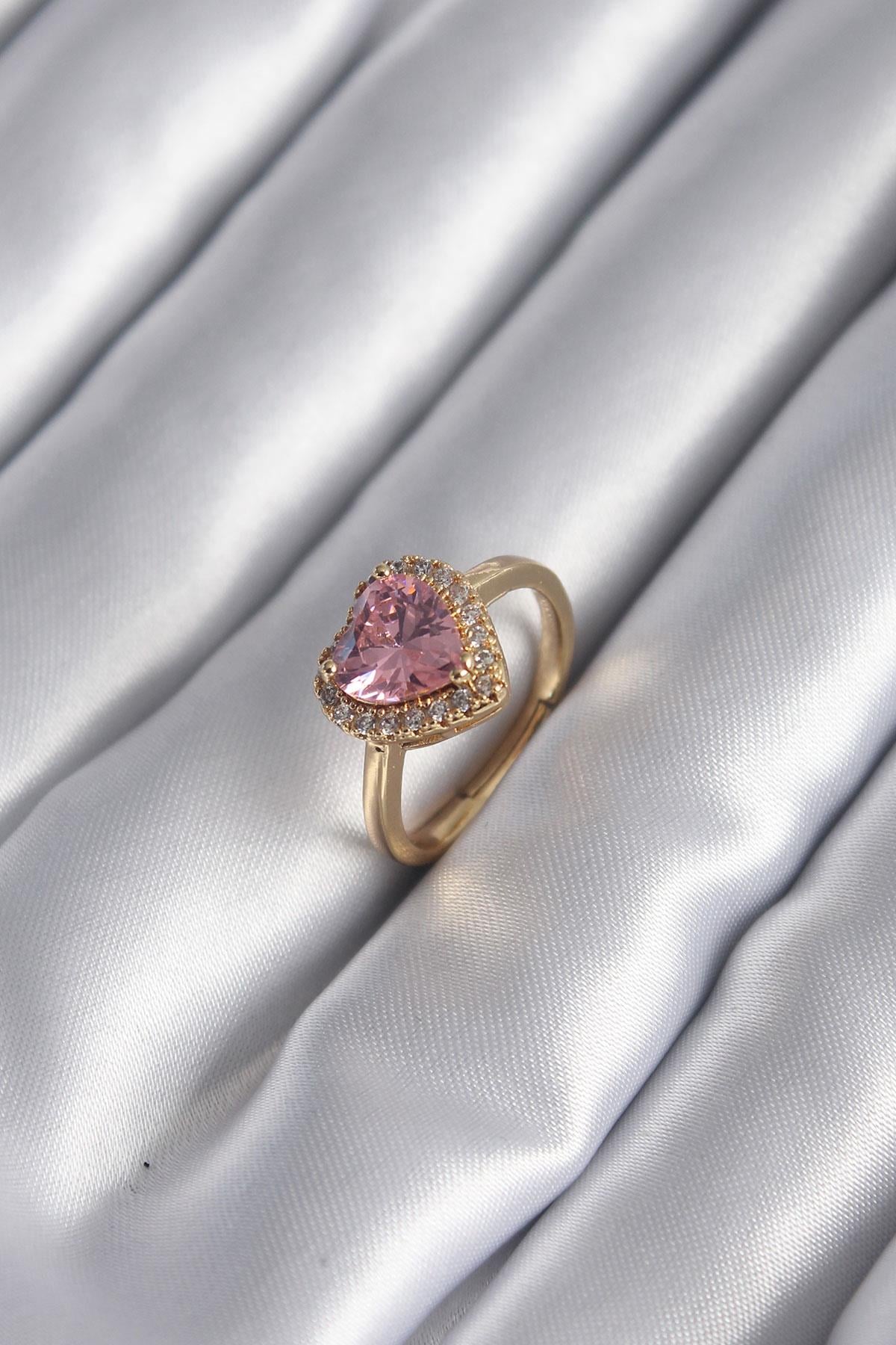 Pirinç Gold Renk Pembe Zirkon Taş Kalp Model Kadın Yüzük