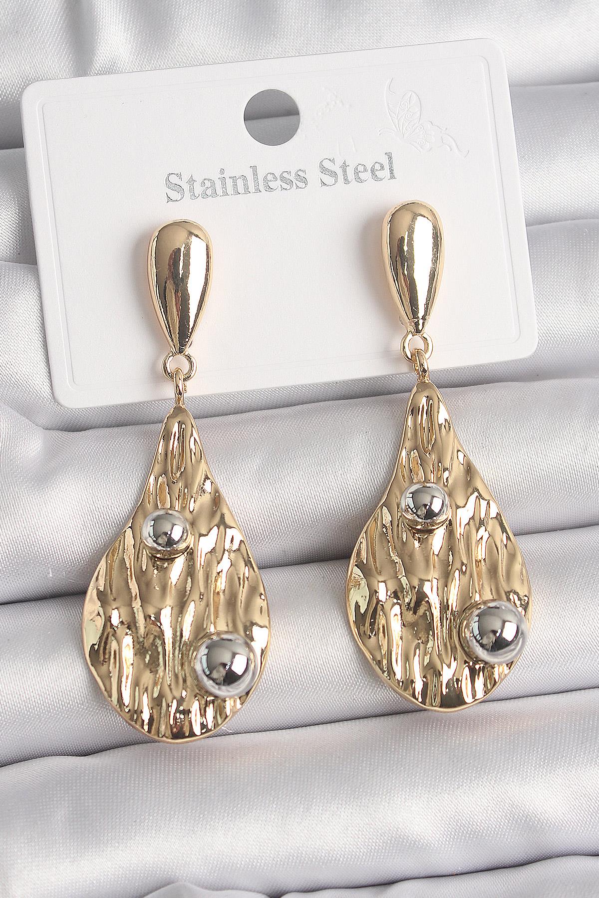 Pirinç Gold Renk Sallantı Damla Model Gümüş Top Detay Kadın Küpe