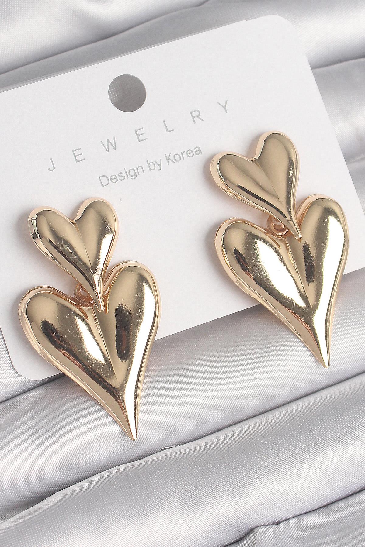 Pirinç Gold Renk Sallantı Kalp Model Kadın Küpe