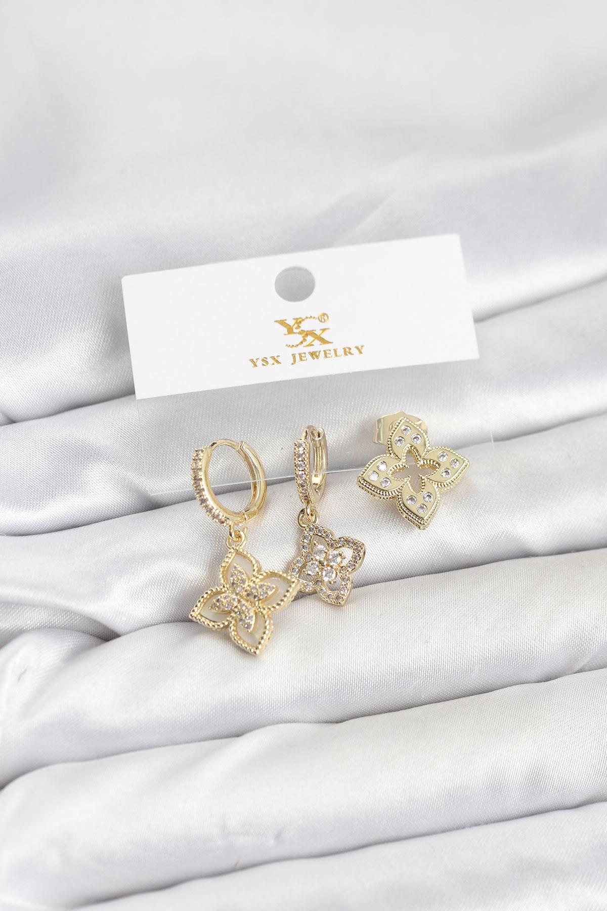 Pirinç Gold Renk Yonca Model YSX Trio Küpe Seti