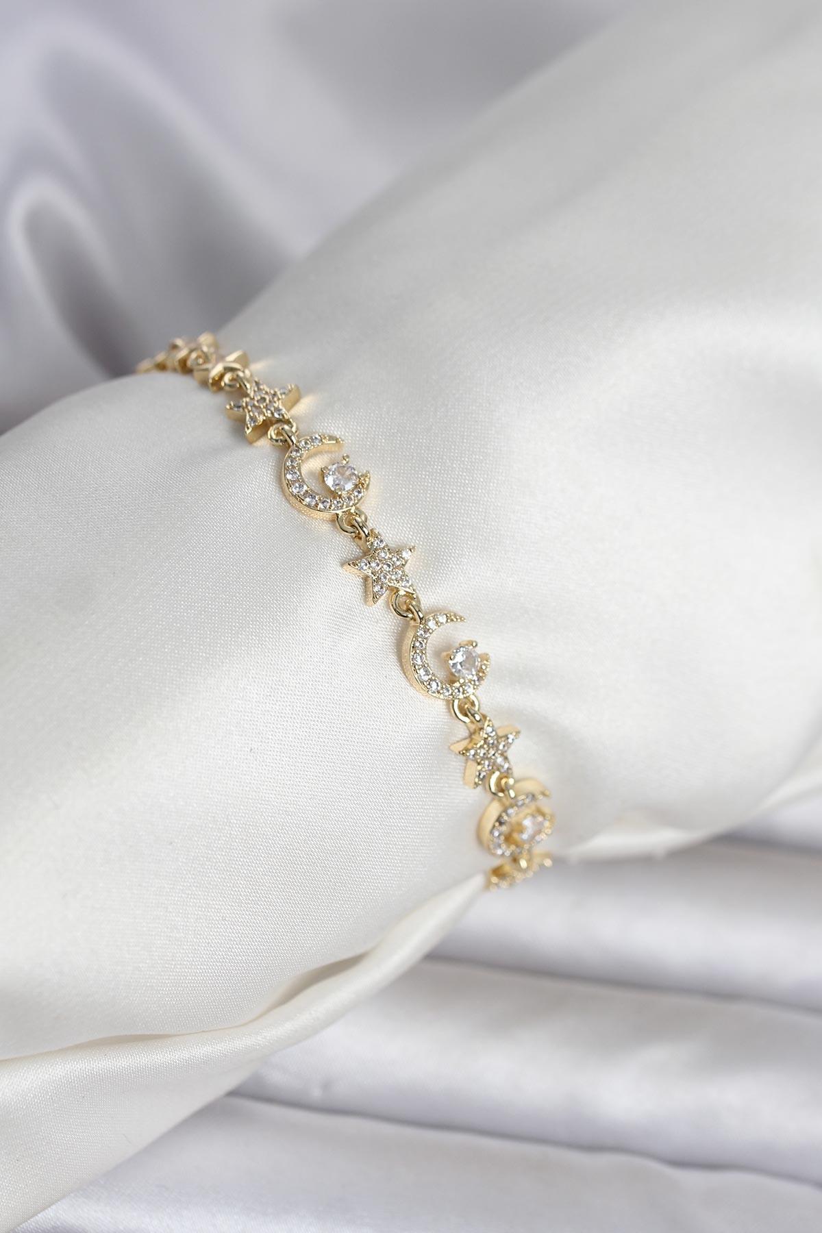 Pirinç Gold Renk Zirkon Taşlı Ay ve Yıldız Model Kadın Bileklik