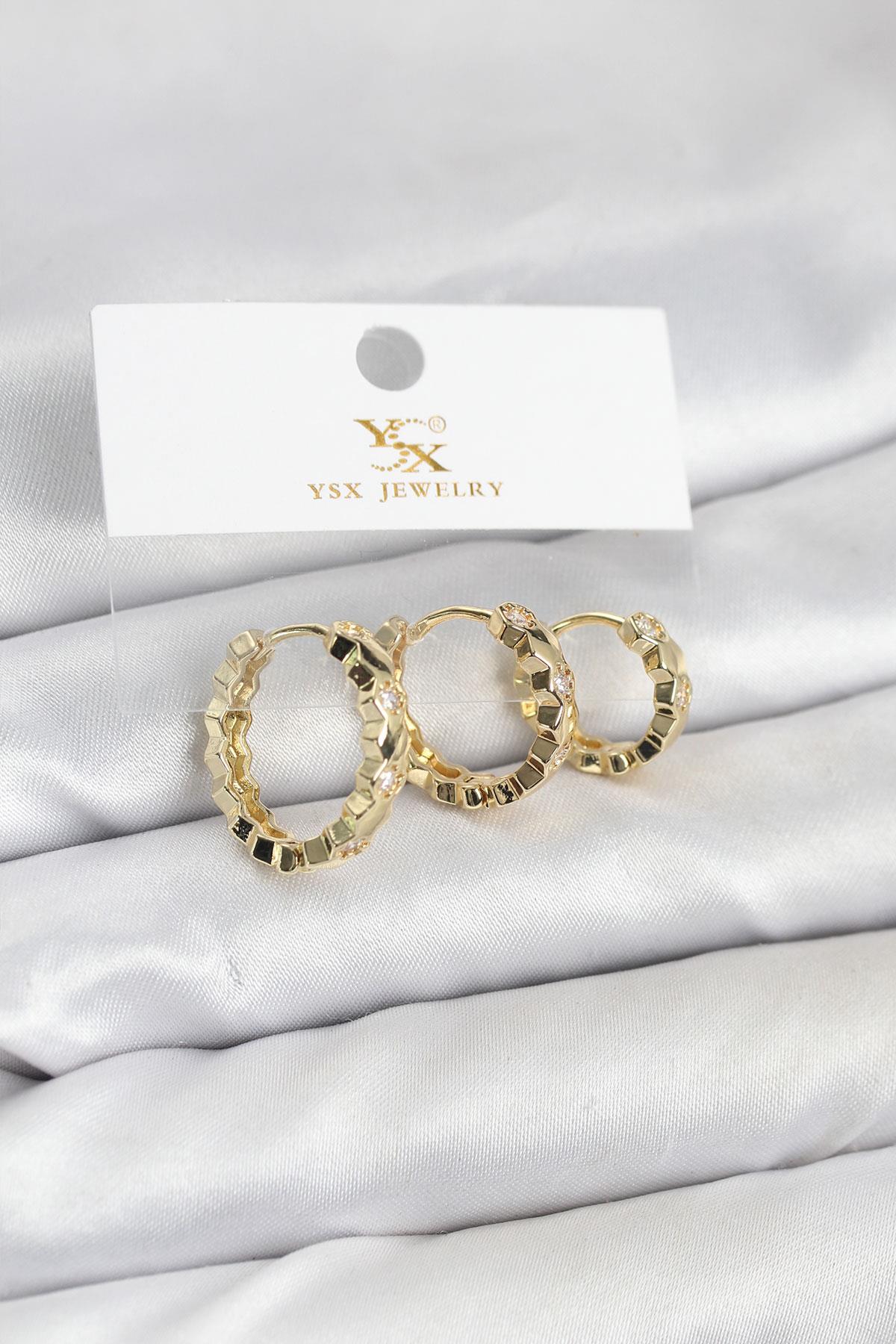 Pirinç Gold Renk Zirkon Taşlı Petek Halka Model YSX Trio Küpe Seti