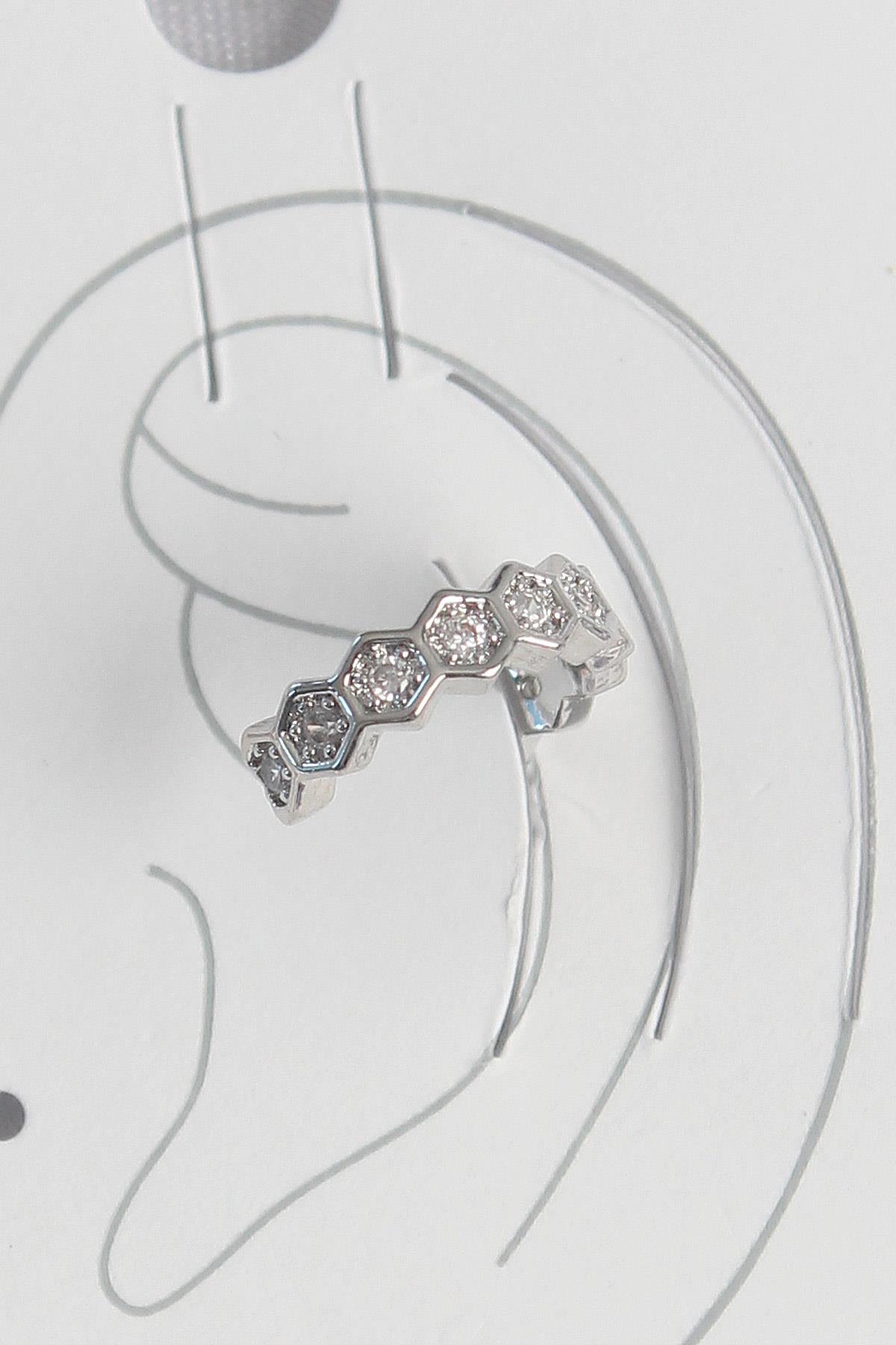 Pirinç Gümüş Renk Bal Peteği Model Zirkon Taşlı Kadın Kıkırdak Küpe