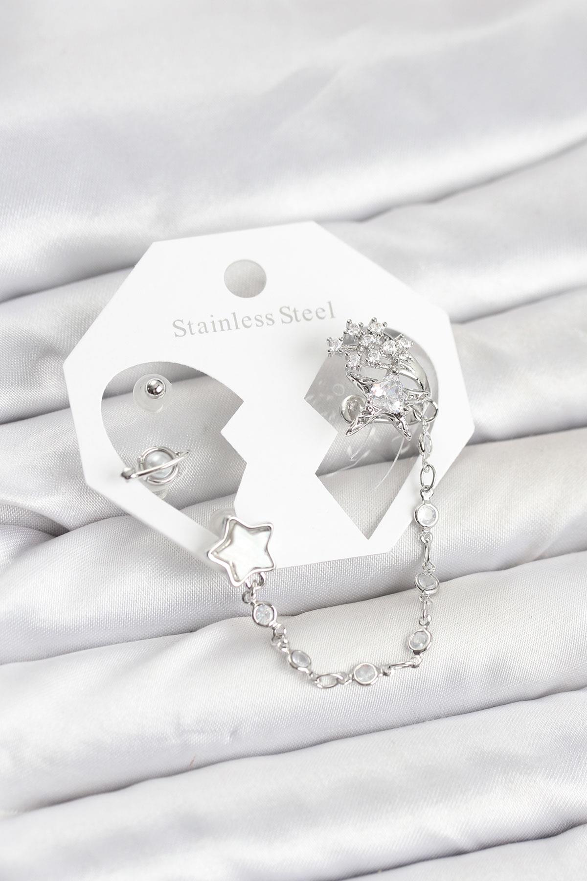 Pirinç Gümüş Renk Yıldız Model Zincir Bağlantılı Ear Cuff Küpe Seti