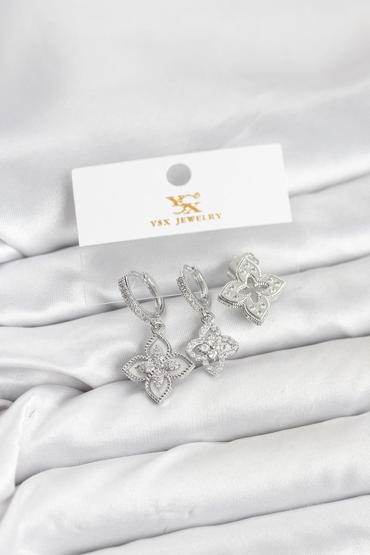 Pirinç Gümüş Renk Yonca Model YSX Trio Küpe Seti