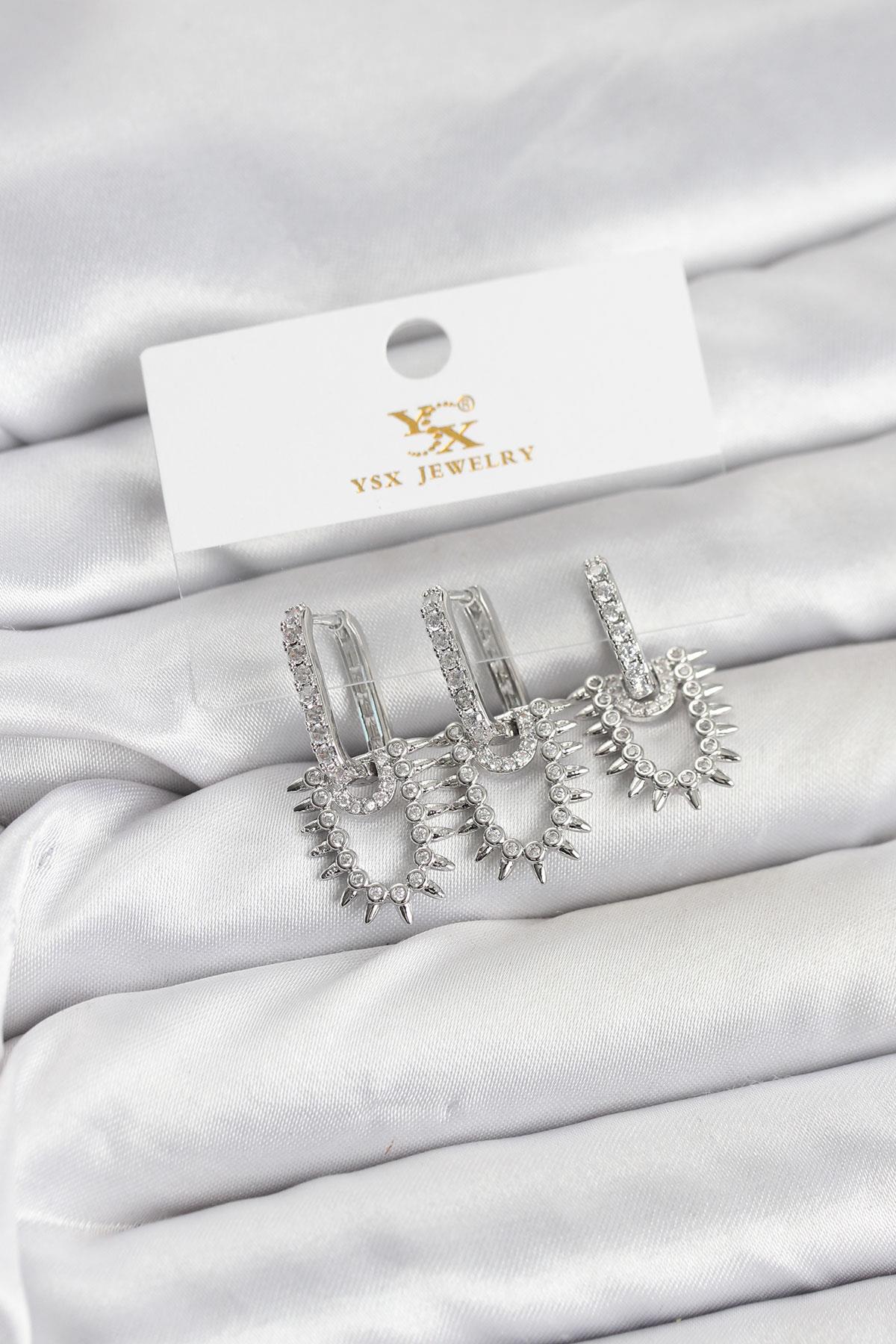 Pirinç Gümüş Renk Zirkon Taşlı Vintage Model YSX Trio Küpe Seti
