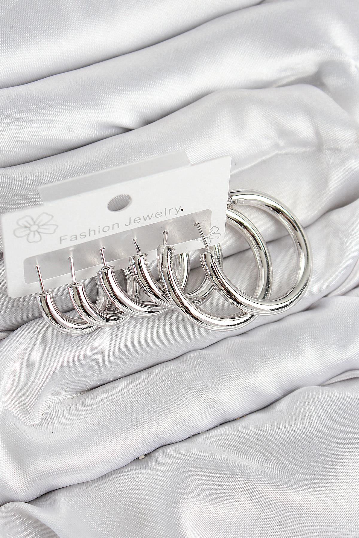 Pirinç Halka Model Gümüş Renk Kadın Set Küpe