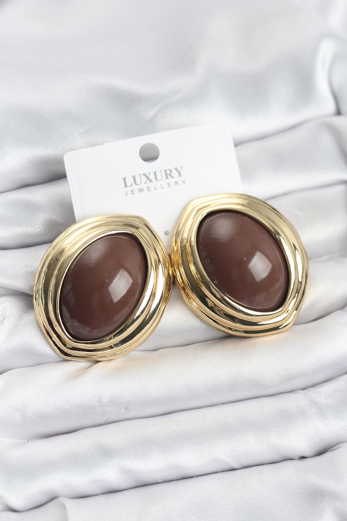 Pirinç Kahverengi Badem Model Vintage Gold Kadın Küpe