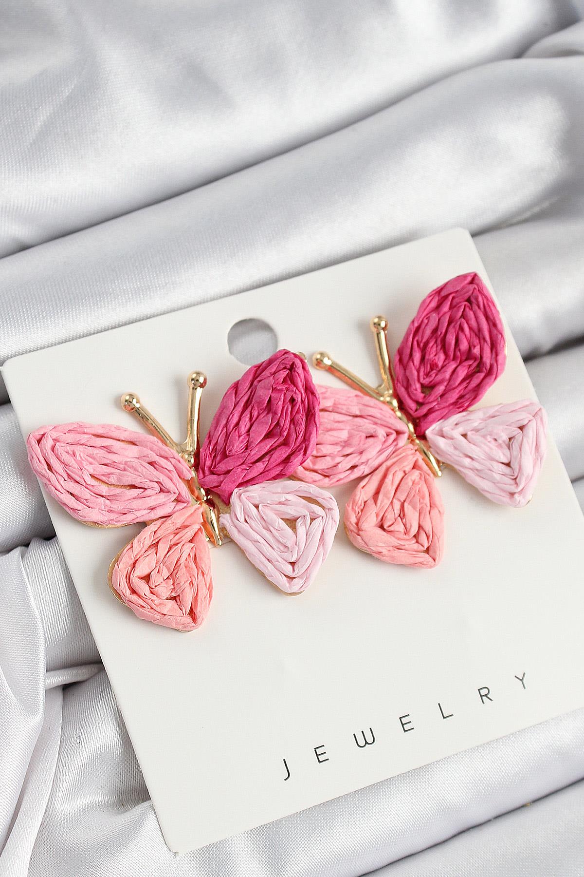 Pirinç Pembe Kelebek Model Gold Renk Kadın Hasır Küpe