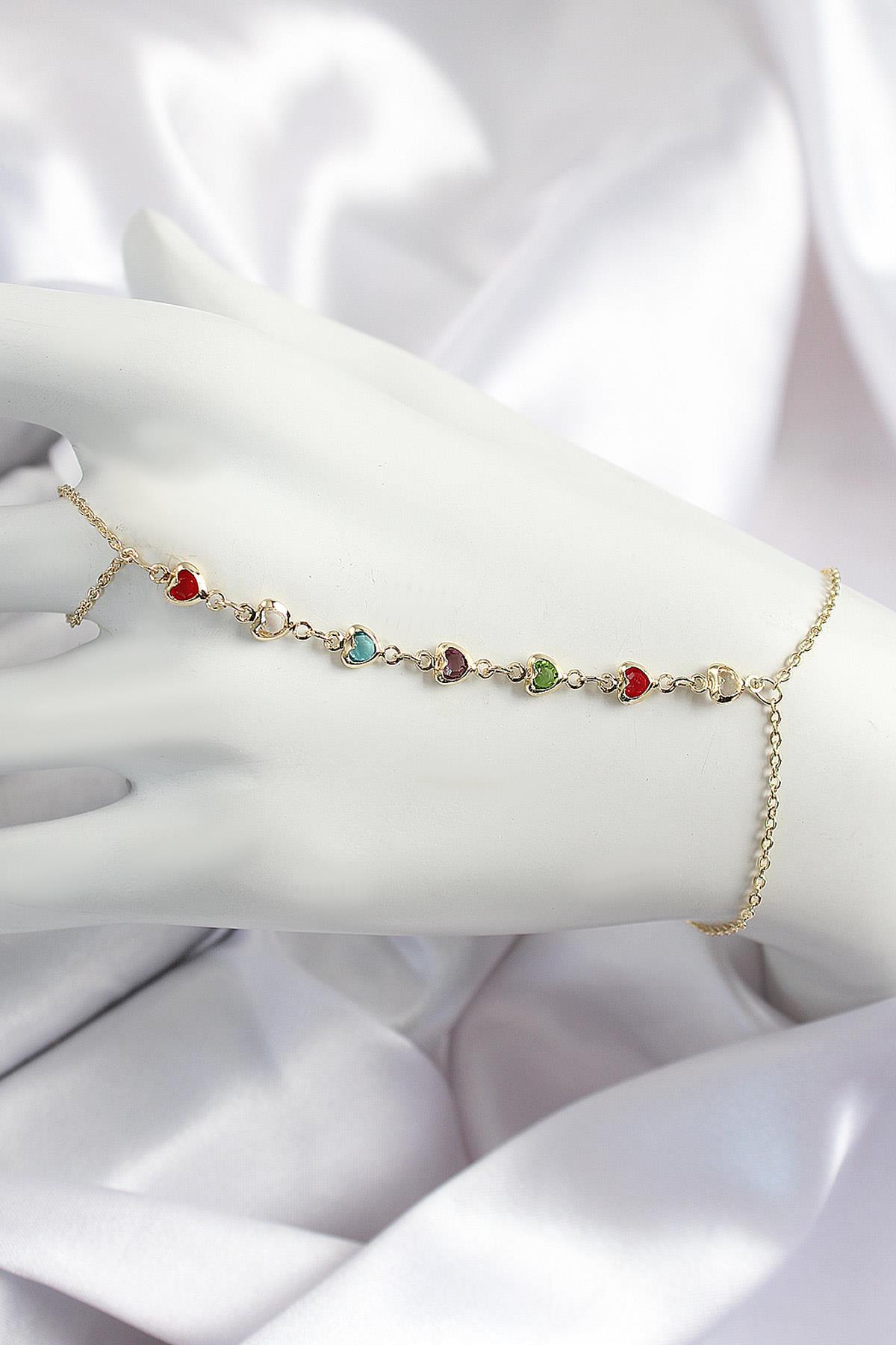 Pirinç Renkli Kalpli Zirkon Taşlı Y Model Gold Renk Kadın Şahmeran