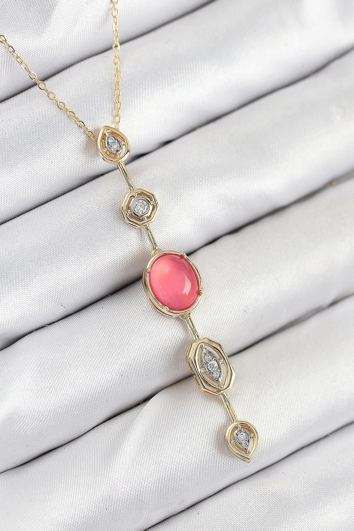 Pirinç Zincir Pembe Gold Renk Zirkon Taşlı Y Kolye