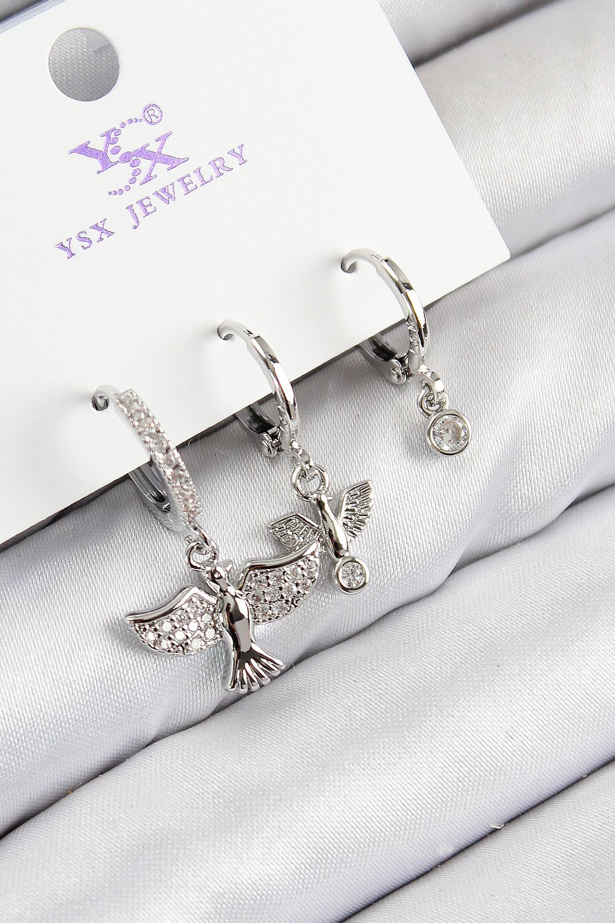 Pirinç Zirkon Taşlı 3'lü Kuş Model Gümüş Renk Kadın Küpe