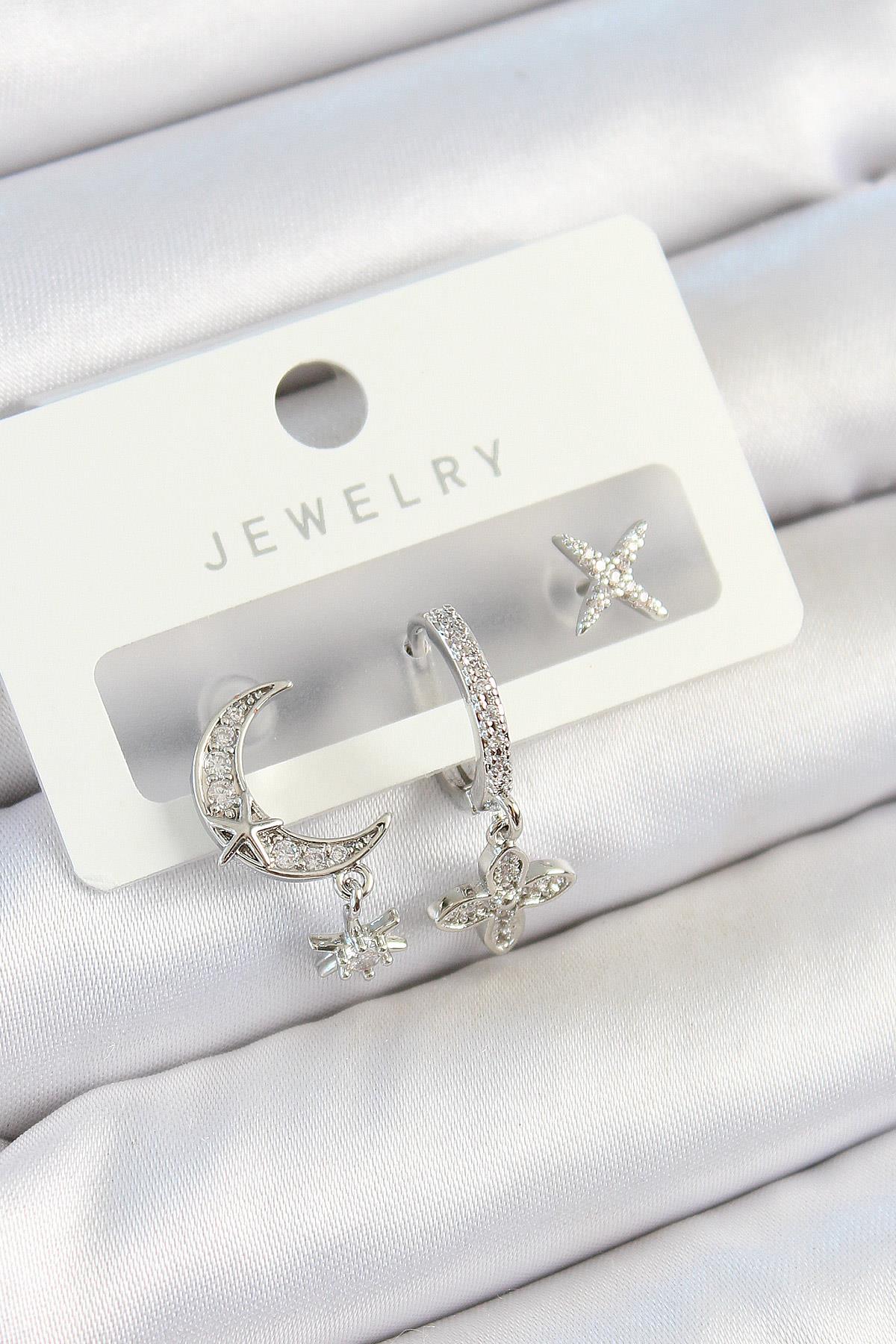 Pirinç Zirkon Taşlı Çiçek Ve Ay Model Gümüş Renk 3'lü Çift Kadın Küpe Set