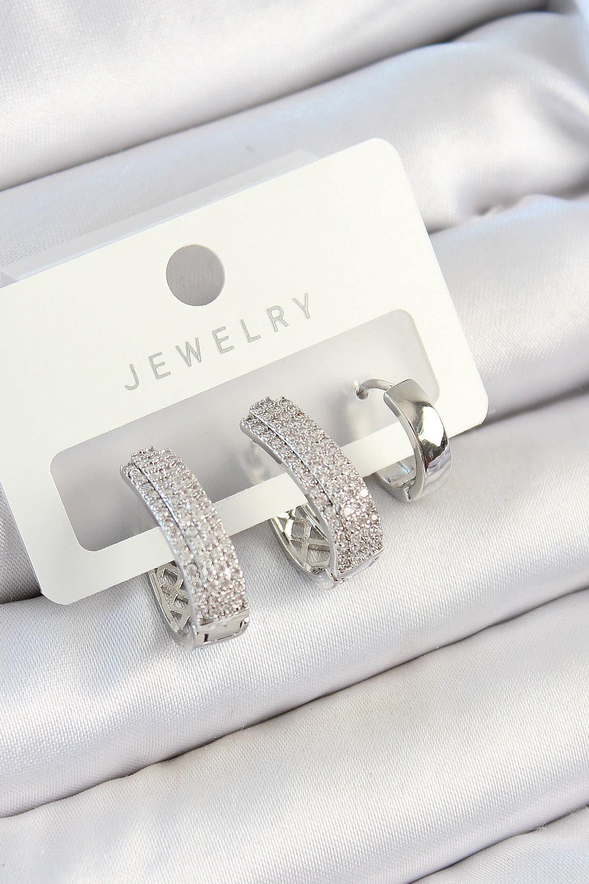 Pirinç Zirkon Taşlı Damla Model Gümüş Renk 3'lü Çift Kadın Küpe Set