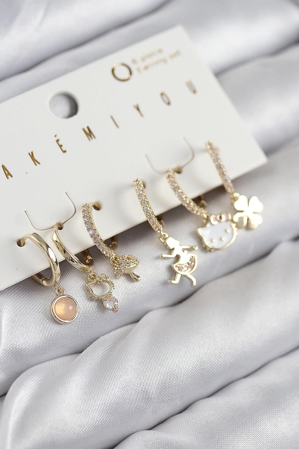 Pirinç Zirkon Taşlı Hello Kity Ve Yonca Model Gold Renk 6'lı Küpe Set