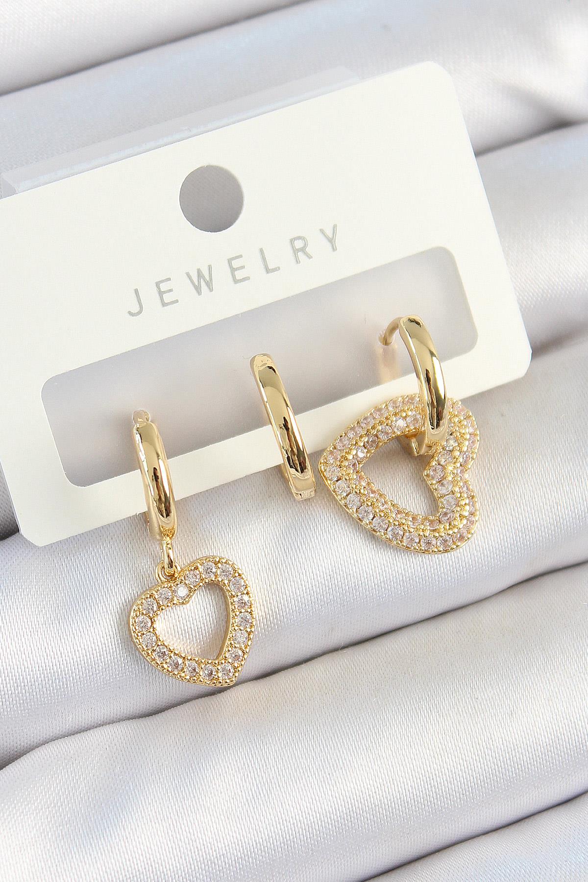 Pirinç Zirkon Taşlı Kalp Model Gold Renk 3'lü Çift Kadın Küpe Set