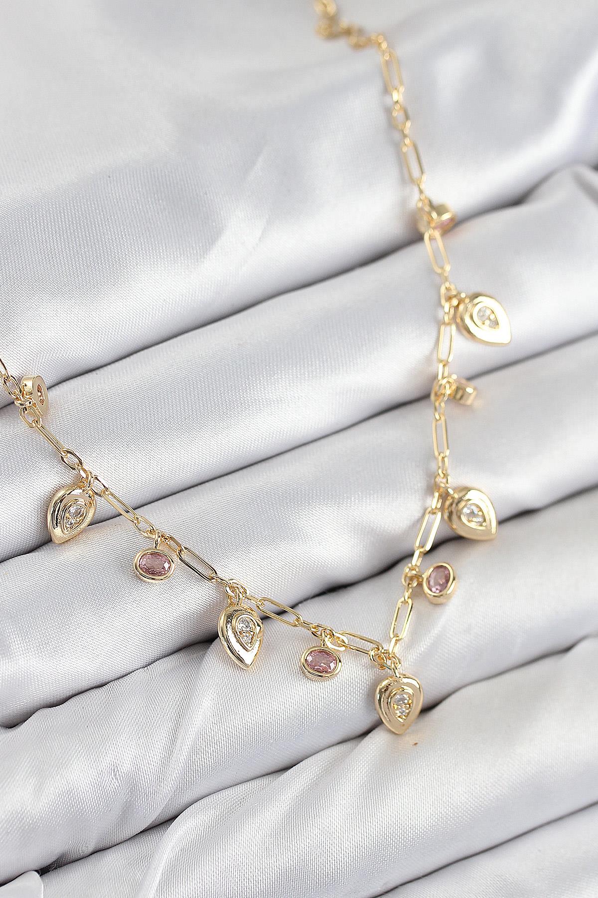 Pirinç Zirkon Taşlı Sallantılı Damla Model Gold Renk Kadın Kolye