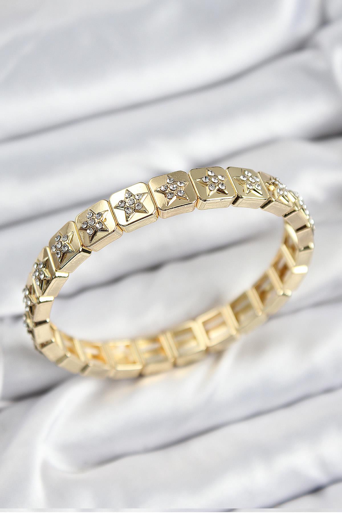 Pirinç Zirkon Taşlı Yıldız Model Gold Renk Lastikli Kadın Bileklik