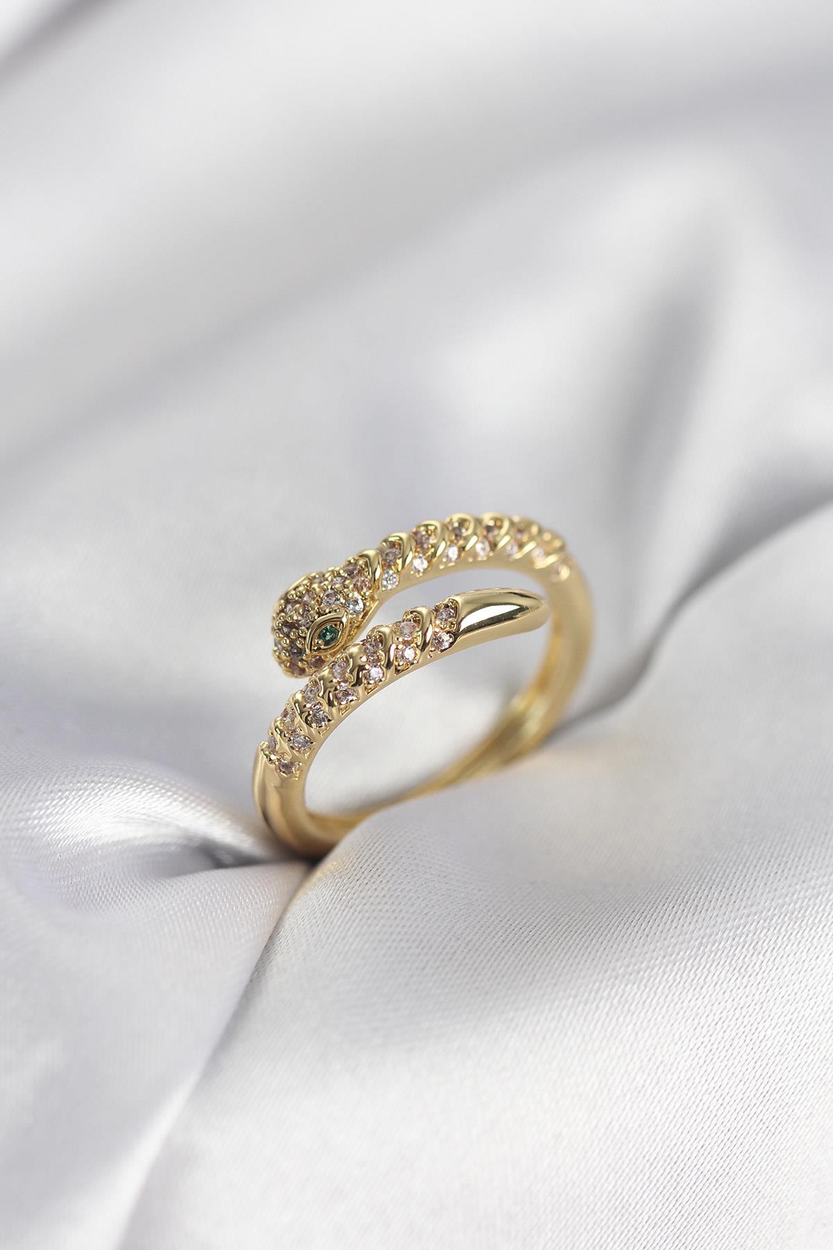 Yılan Model Gold Renk Zirkon Taşlı Kadın Yüzük