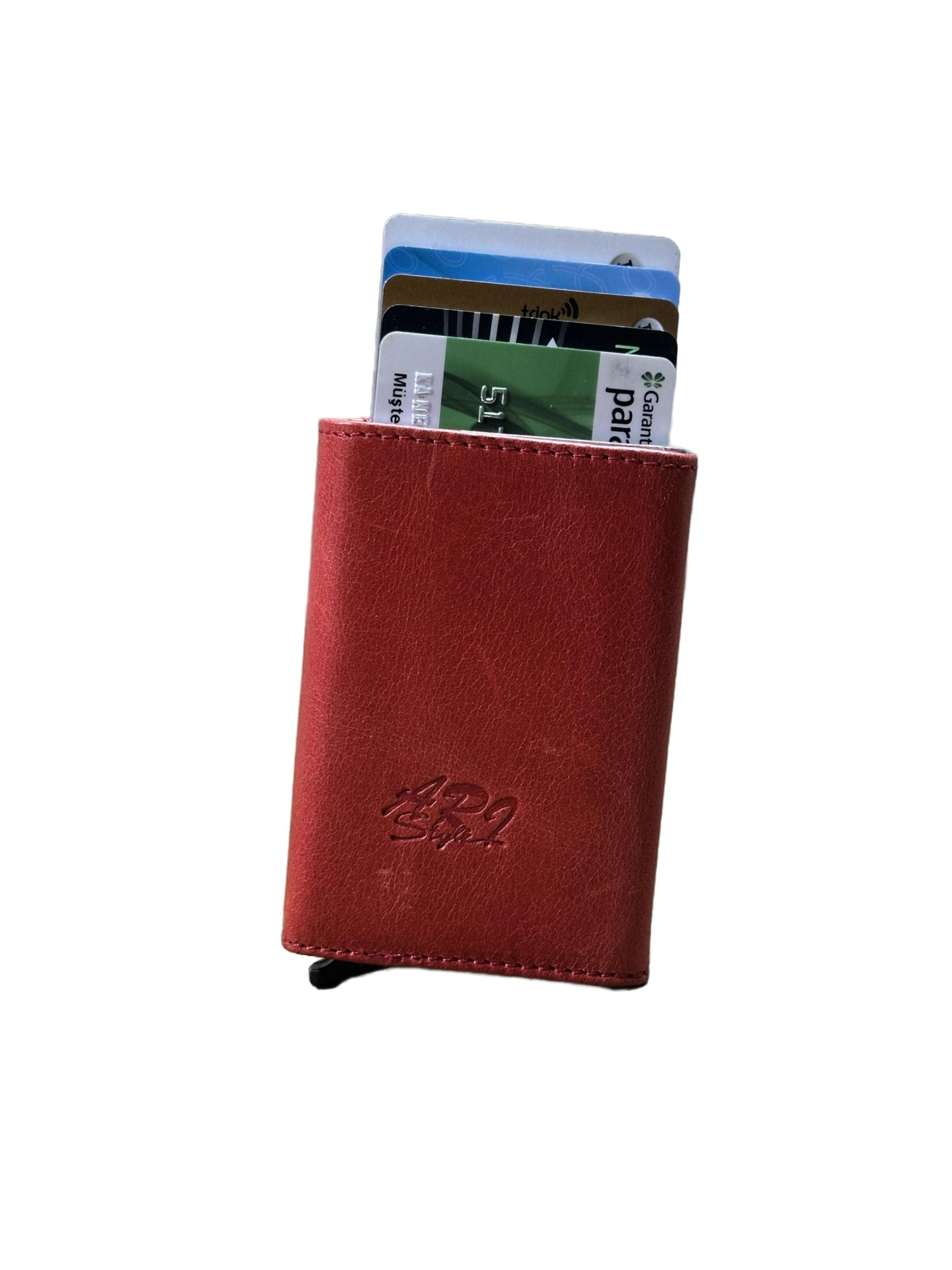 Arı Deri Mekanizmalı Deri Cüzdan Kırmızı