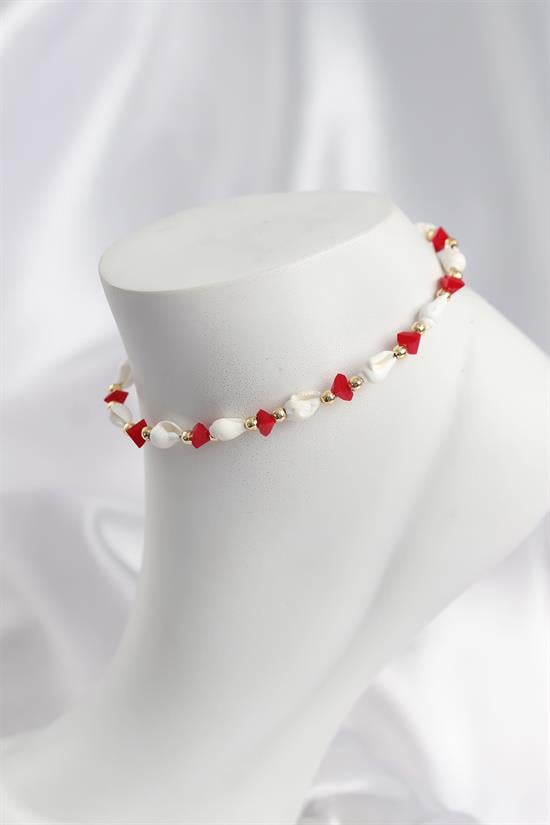 Doğal Deniz Kabuğu Model ve Kırmızı Kristal Taş Model Halhal