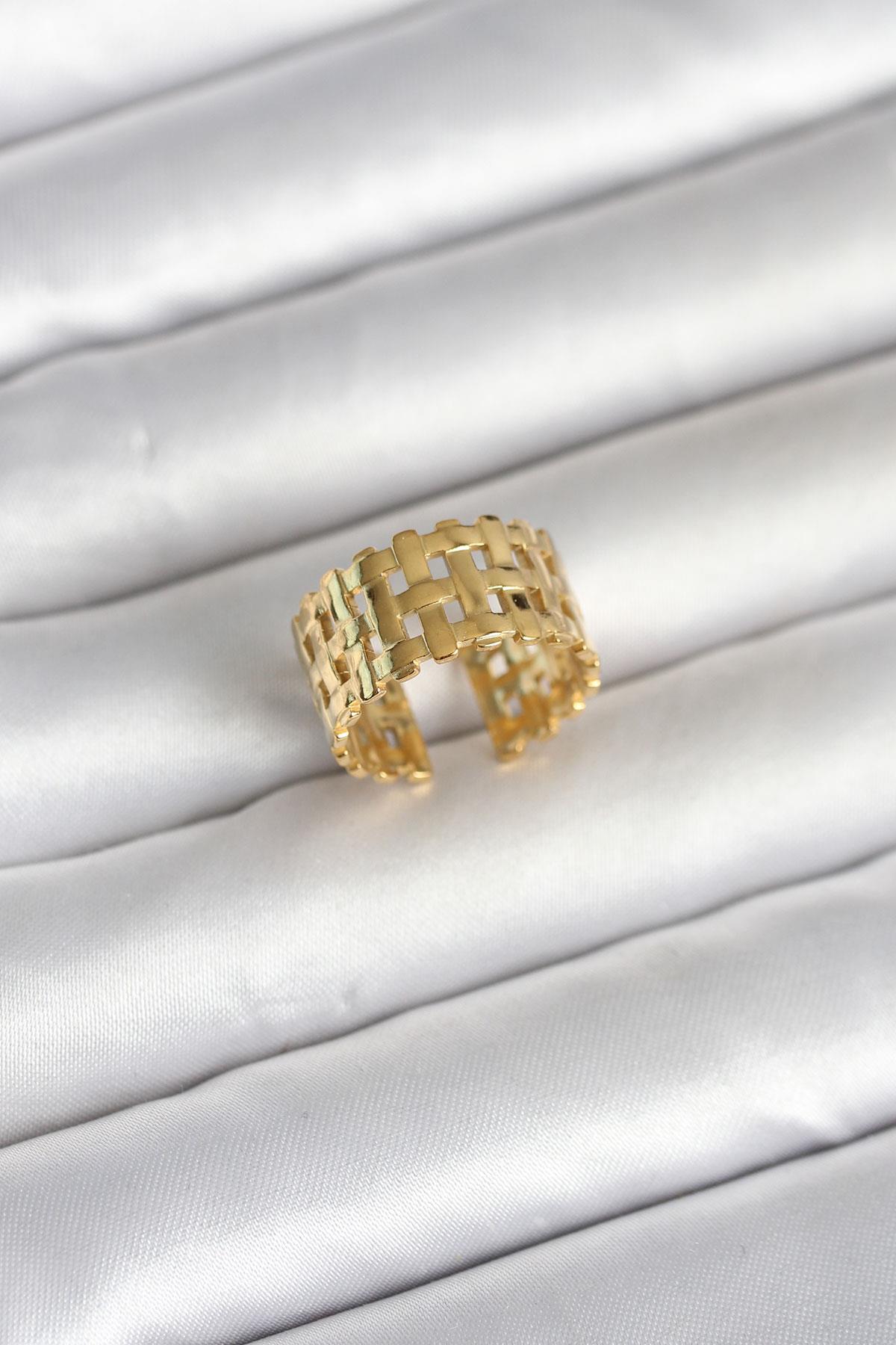 316L Çelik Gold Renk Hasır Model Kadın Yüzük